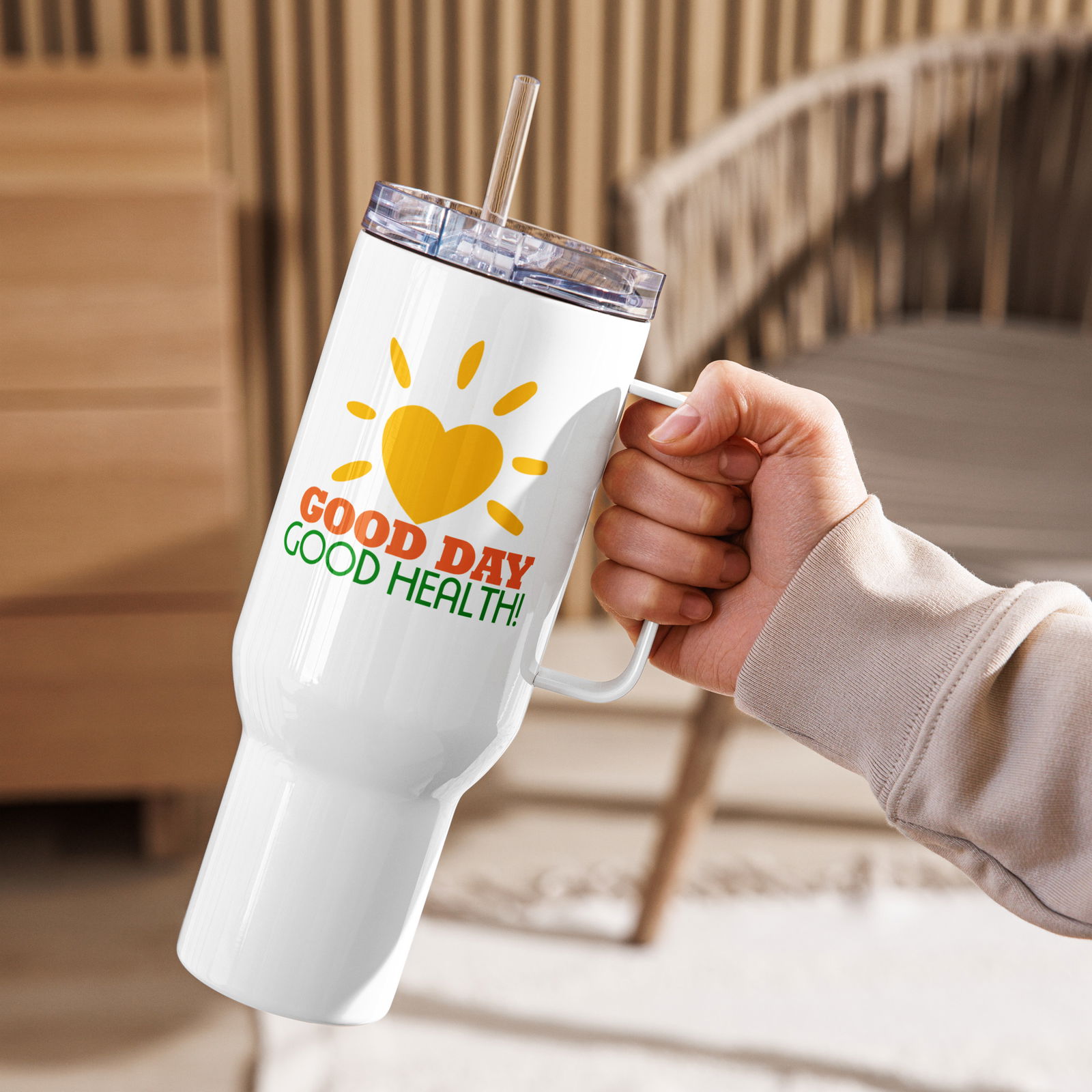 Good Day, Good Health! Travel mug with handle